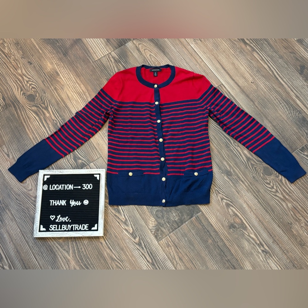 Nautical fisherman scandi girl cotton Red and Blue Striped button down Cardigan